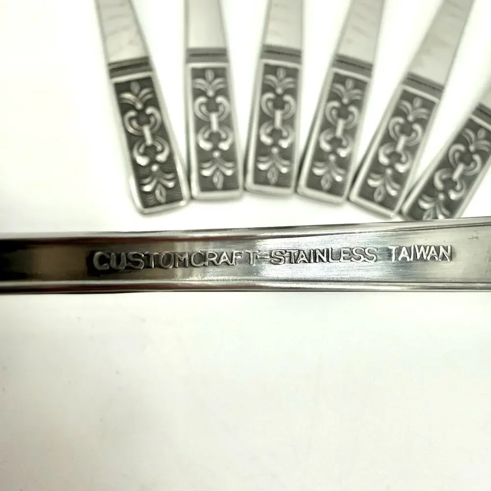 Customcraft Set~8 Stainless Teaspoons CUS3 Taiwan Flatware Silver/Black Accent